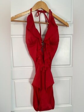 Aqua Rose Size Large Red Ruffle Halter One-Piece Swimsuit Sexy Resortwear Vacay